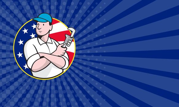 Business card showing Cartoon illustration of an American plumber worker repairman tradesman with adjustable monkey wrench set inside circle with stars and stripes flag.

