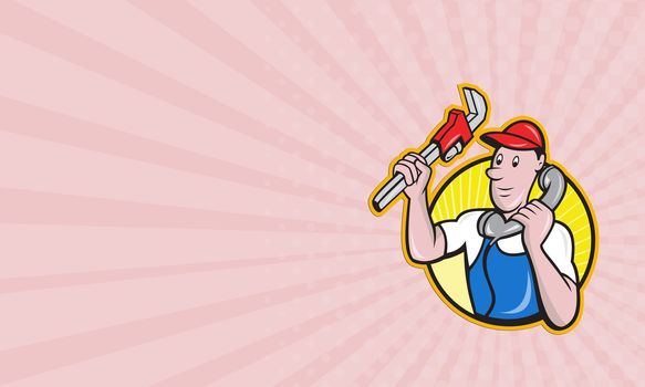 Business card showing Cartoon illustration of a plumber worker repairman tradesman with adjustable monkey wrench talking on telephone phone set inside circle.
