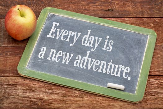 Every  day is a new adventure - positive words on a slate blackboard against red barn wood