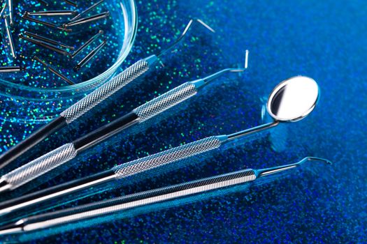 Dental tools and equipment, bright colorful tone concept