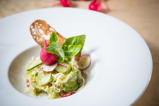 Salad from cabbage, herbs, cucumber, onion and radish in bowl on green wooden background. Coleslaw. Selective focus.