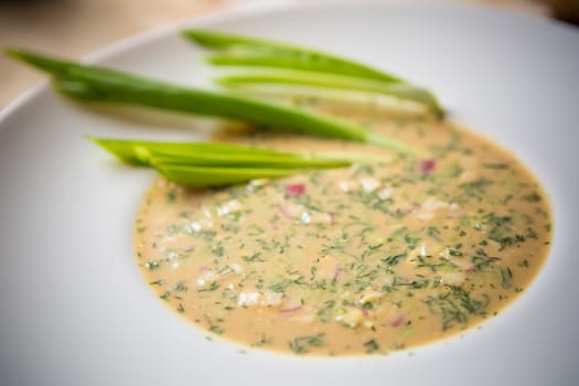 Traditional Russian kvass soup with vegetables - okroshka