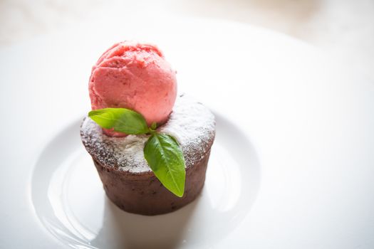 Warm dessert chocolate cake Fondant served on plate with ice-cream ball