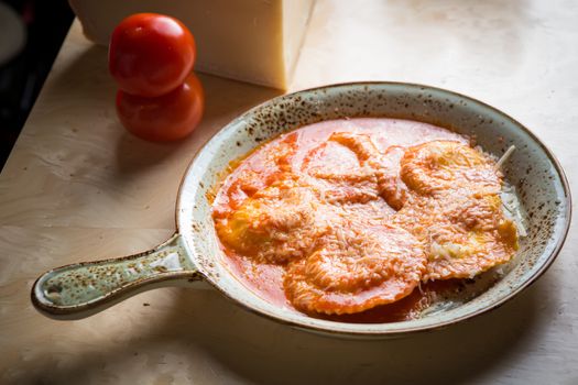 Ravioli in sauce. Lunch. Ravioli Medallions with Marinara Sauce.