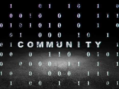 Social media concept: Glowing text Community in grunge dark room with Dirty Floor, black background with Binary Code, 3d render
