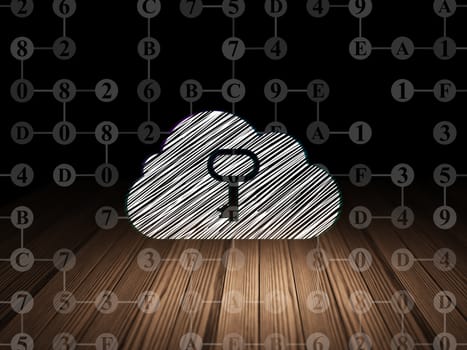 Cloud networking concept: Glowing Cloud With Key icon in grunge dark room with Wooden Floor, black background with Scheme Of Hexadecimal Code, 3d render