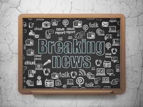 News concept: Chalk Blue text Breaking News on School Board background with  Hand Drawn News Icons, 3d render