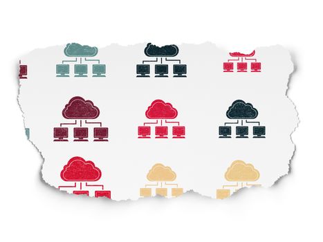 Cloud networking concept: Painted multicolor Cloud Network icons on Torn Paper background, 3d render