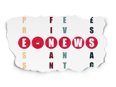 News concept: Painted red word E-news in solving Crossword Puzzle on Torn Paper background, 3d render