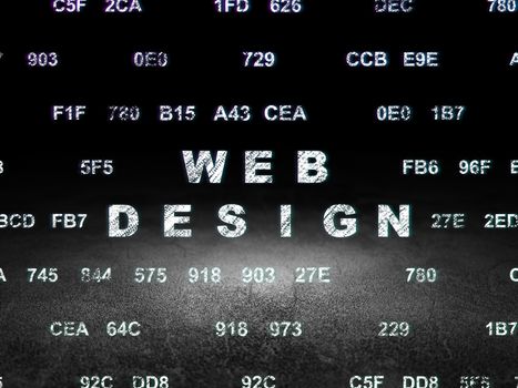 Web development concept: Glowing text Web Design in grunge dark room with Dirty Floor, black background with Hexadecimal Code, 3d render