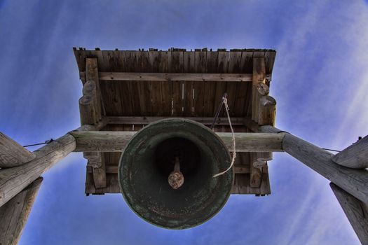 A belltower and a bell from below