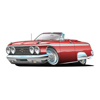 Hot American convertible vintage car cartoon. Red, lots of chrome, aggressive stance, low profile, big tires and rims.