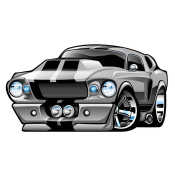 Hot American muscle car cartoon. Sliver with black stripes, lots of chrome, aggressive stance, low profile, big tires and rims.