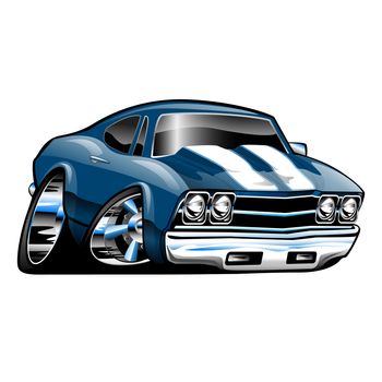 Hot American muscle car cartoon. Blue with white stripes, lots of chrome, aggressive stance, low profile, big tires and rims.