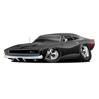 Hot American muscle car cartoon. Black, lots of chrome, aggressive stance, low profile, big tires and rims.