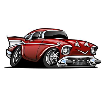 Hot American muscle car cartoon. Red, lots of chrome, aggressive stance, low profile, big tires and rims.