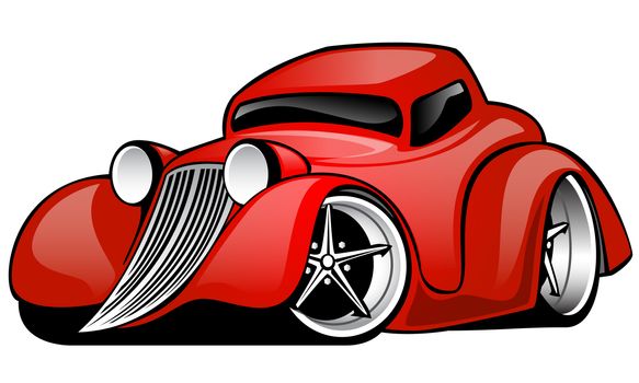 Hot American street rod, hot rod cartoon. Red, lots of chrome, aggressive stance, low profile, big tires and rims.