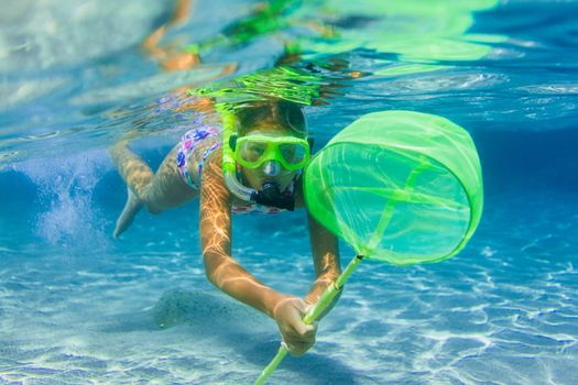 Underwater shoot of a cute girl snorkeling with scoop-net in a tropical sea