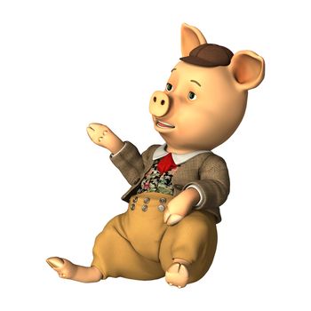 3D digital render of a little fairytale pig sitting isolated on white background