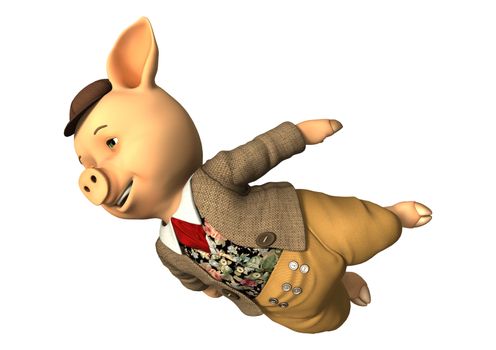 3D digital render of a little fairytale pig flying isolated on white background