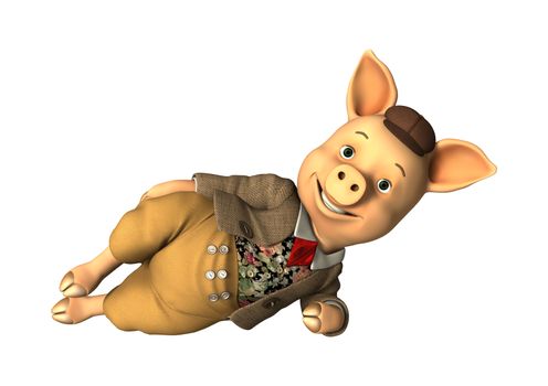 3D digital render of a little fairytale pig resting isolated on white background