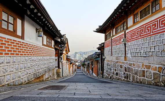 Bukchon Hanok historic district in Seoul at sunset, South Korea.