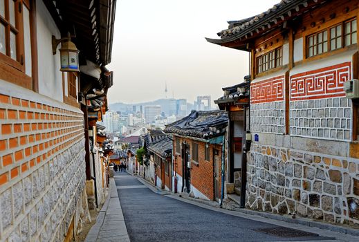 Bukchon Hanok historic district in Seoul at sunset, South Korea.