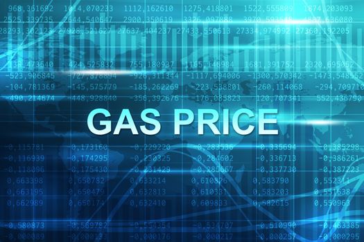 Abstract blue background with figures, world map and words gas price