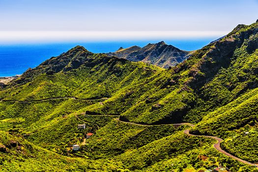 Green mountains or rocks valley with winding road and sky with ocean on horizon or skyline landscape in Tenerife Canary island, Spain at summer