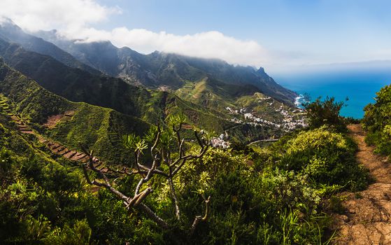 View from mountain footpath to valley with small city or village buildings and winding or serpantine road and clouds with horizon  landscape near coast or shore of Atlantic ocean in Tenerife Canary island, Spain