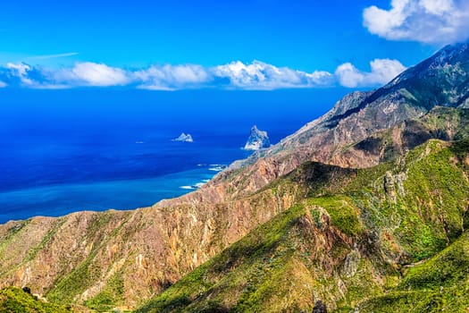 Coast or shore of Atlantic ocean with green mountain or rock and  sky with horizon in Tenerife Canary island, Spain at spring or summer
