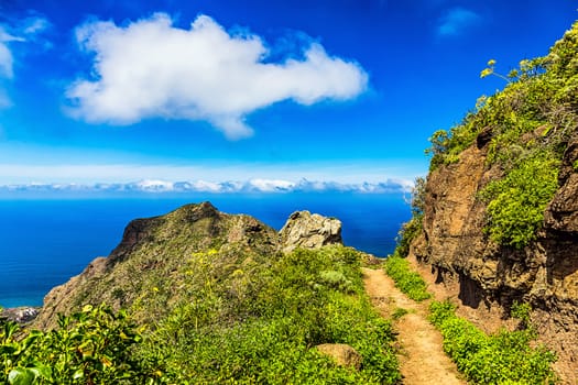 Pathway or footpath in green mountain or rock and blue sky with clouds and skyline or horizo in Tenerife Canary island, Spain at spring or summer