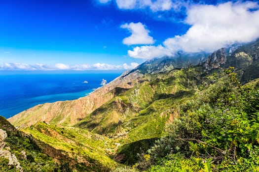 Coast or shore of Atlantic ocean with green mountain or rock and  sky with clouds and horizon in Tenerife Canary island, Spain at spring or summer
