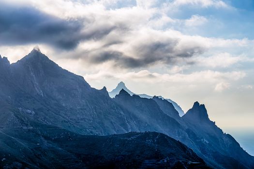 Rocks with clouds on sky landscape in Tenerife island, Spain