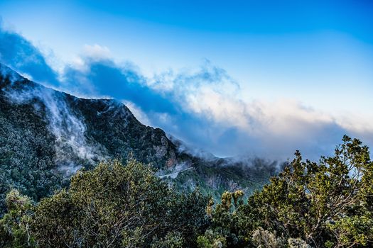 Mountains with clouds on blue sky landscape in Tenerife Canary island, Spain
