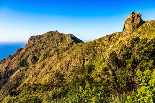 Green mountains or rock and blue sky with horizon and ocean landscape in Tenerife Canary island, Spain