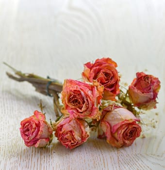 Dry roses isolated old wooden table