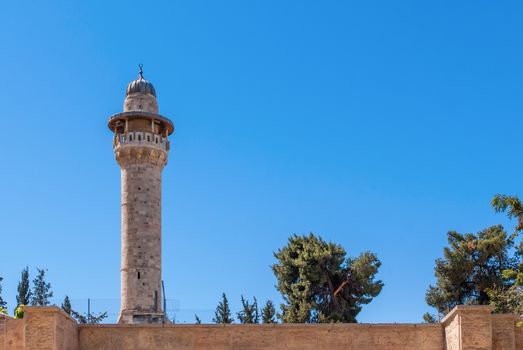 Minaret with a survey platform. Jerusalem old town. Israel