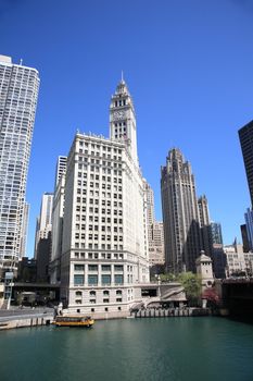 The Chicago River and skyline, including the Wrigley Building.