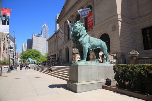 Chicago Art Institute near Grant Park in Chicago, Illionois. Famous lion statues are found outside on Michigan Avenue.