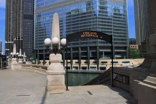 Stairway to riverwalk along the Chicago River