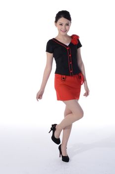 Active girl wear professional attire in front of a white background