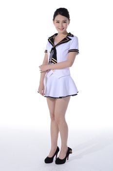 Active girl wear professional attire in front of a white background