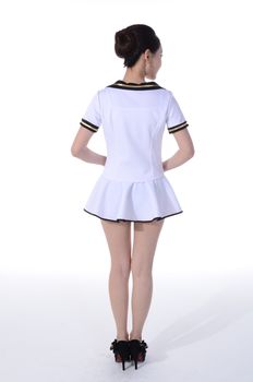 Active girl wear professional attire in front of a white background