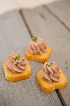 Delicious Pate Canapes on wooden background. Selective focus, shallow DOF