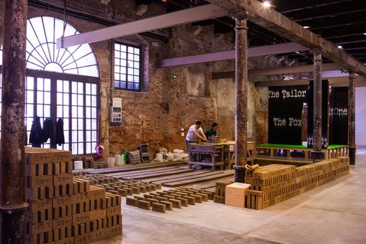 VENICE, ITALY - MAY 06: View of Rirkrit Tiravanija installation intitled "Untitled" showing at Arsenale during the 56th Venice Biennale on May 06, 2015