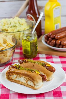 Grilled hot dogs on a paper plate sitting on a table with potato salad, chips, and condiments.