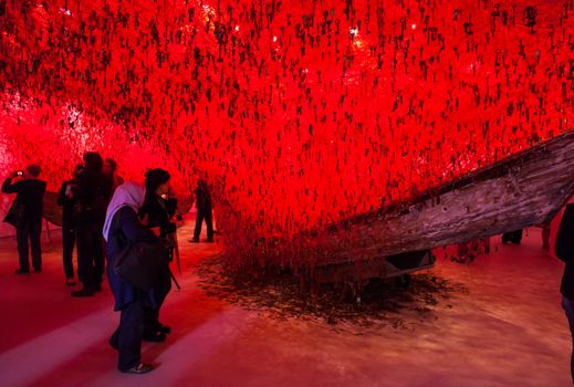 VENICE, ITALY - MAY 06: "The Key in the Hand" installation by Chiharu Shiota in the Japan National Pavilion at the 56 th Art exhibition of Venice biennale on May 06, 2015