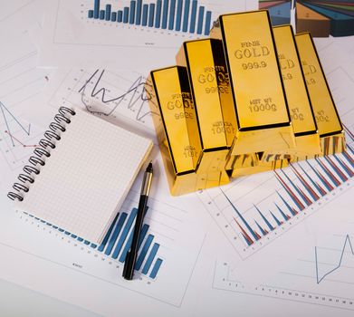 Gold bars and coins, ambient financial concept