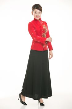 Wearing Chinese clothing waiter in front of a white background